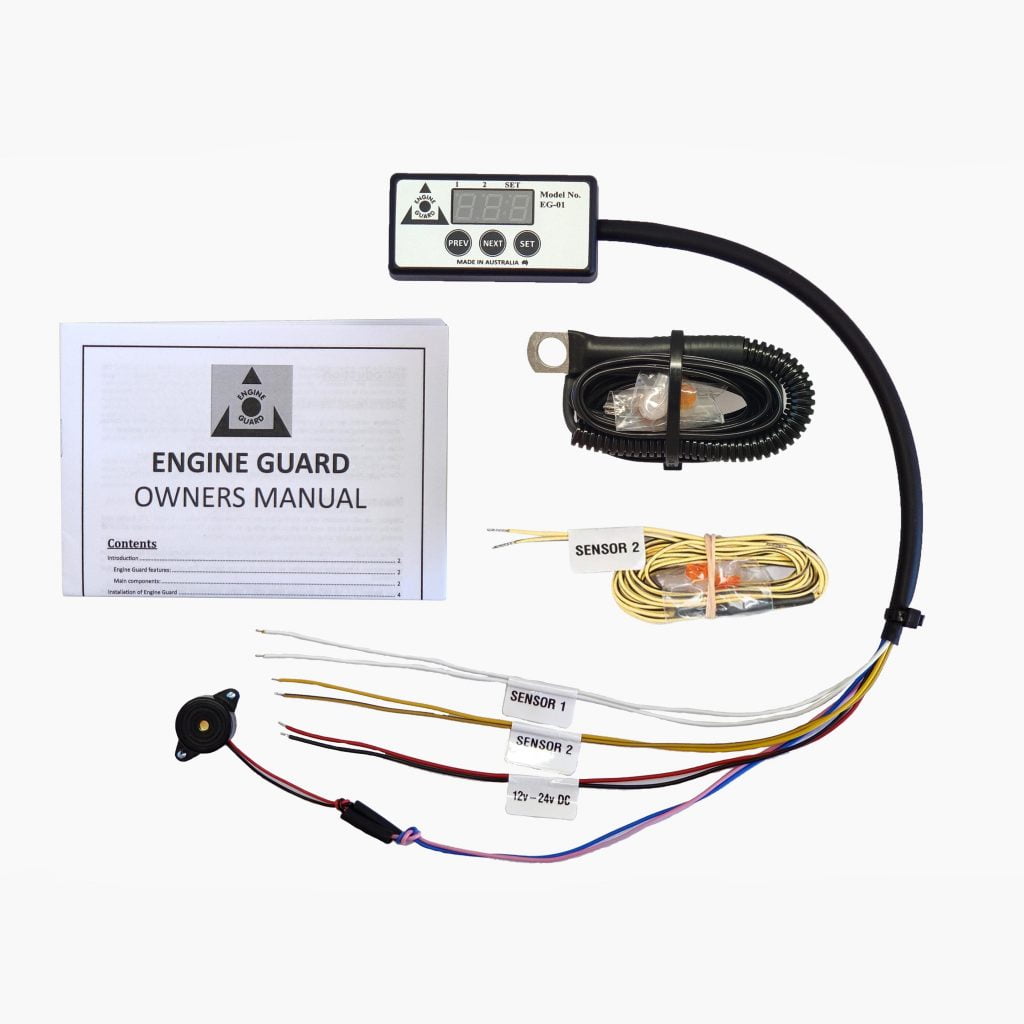Contents of Engine Guard EGO1-3 Single Temperature Sensor and Voltage meter or Low oil pressure alarm Kit