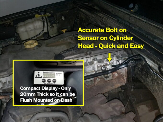 Engine Guard temp sensor on motor with compact digital display shown on dashboard